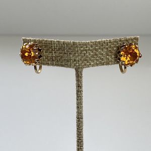 FLAW Vintage Large Prong Set Citrine Rhinestone Solitaire Screw Back Earrings